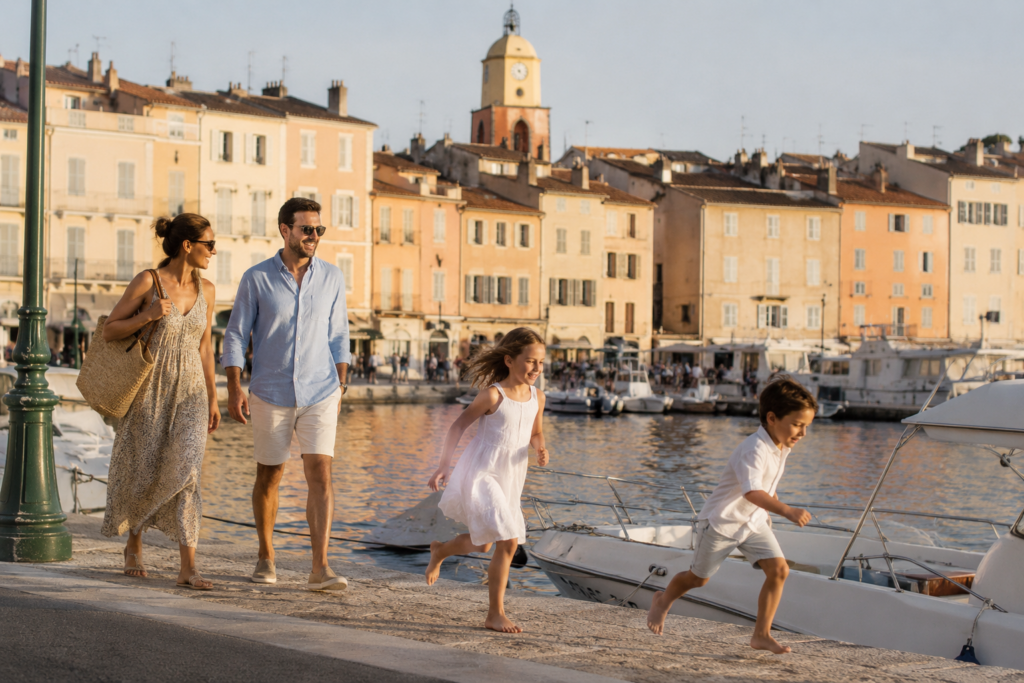 A family walking along the Vieux Port of Saint-Tropez at golden hour with the bell tower and pastel facades