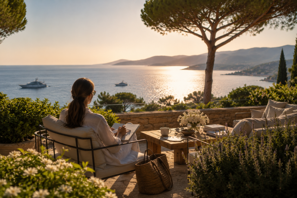 Reading on a Saint-Tropez villa terrace overlooking the Gulf and yachts at golden hour