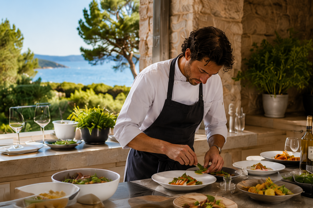 Private chef plating seasonal dishes with Mediterranean view