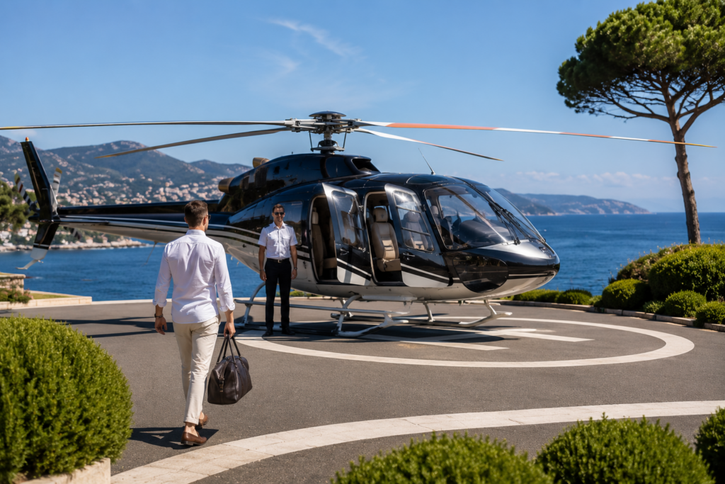 Private helicopter awaiting passenger at Saint-Tropez heliport