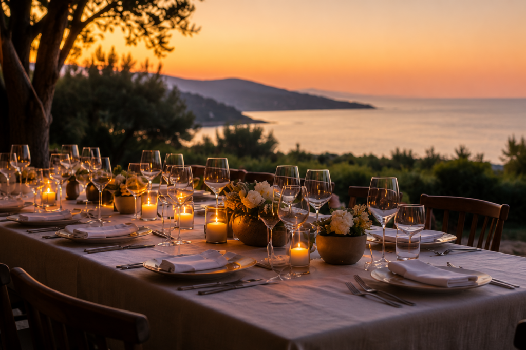 Candlelit dinner table at sunset overlooking Saint-Tropez bay