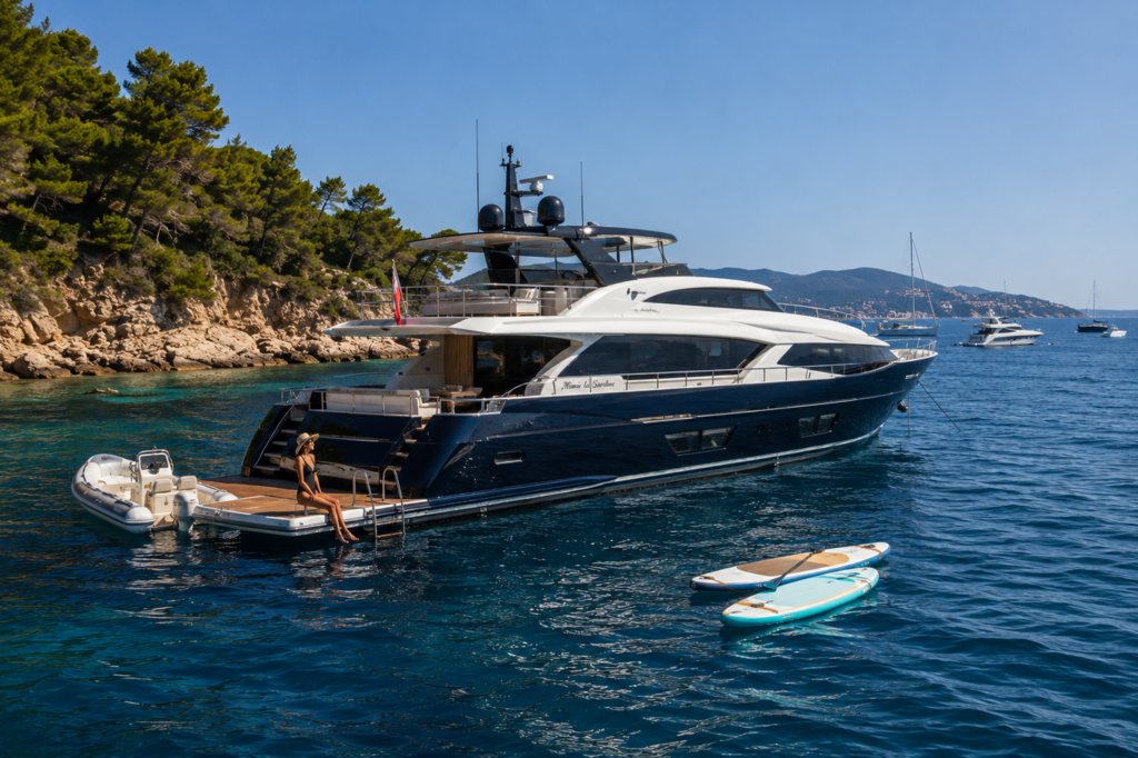 Private yacht anchored off the Saint-Tropez coast with paddleboards